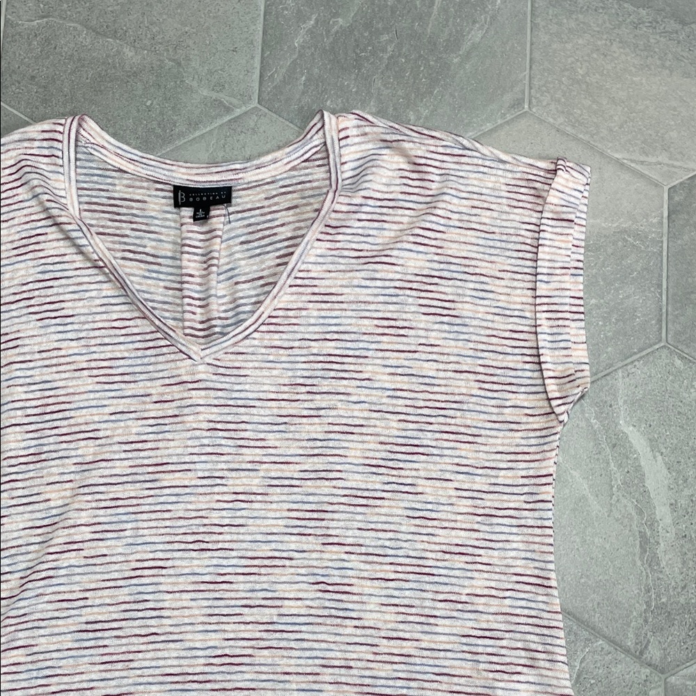 B Collection by Bobeau Slub V-Neck Tee – Mulberry Mix Stripe -- Size Large